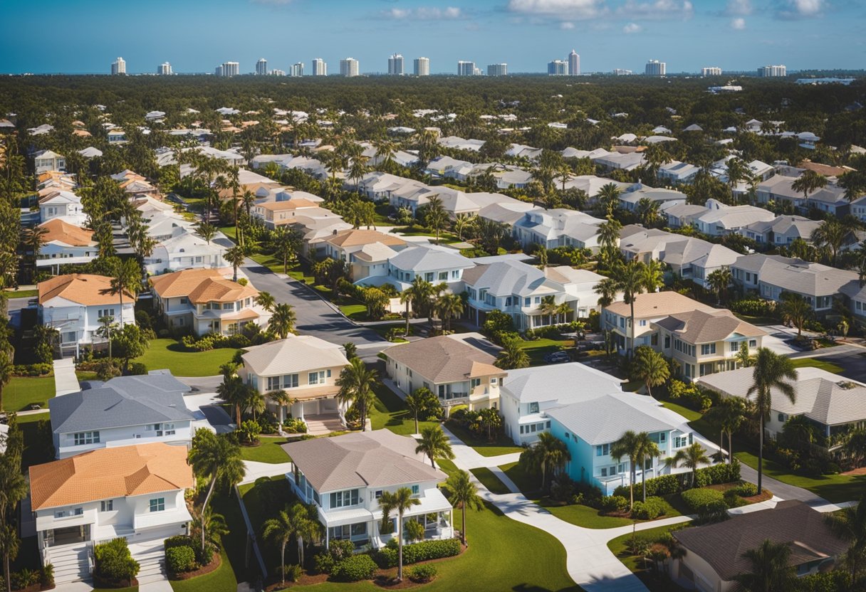 A sunny Florida neighborhood with houses featuring metal roofs next to traditional shingle roofs. Palm trees sway in the breeze