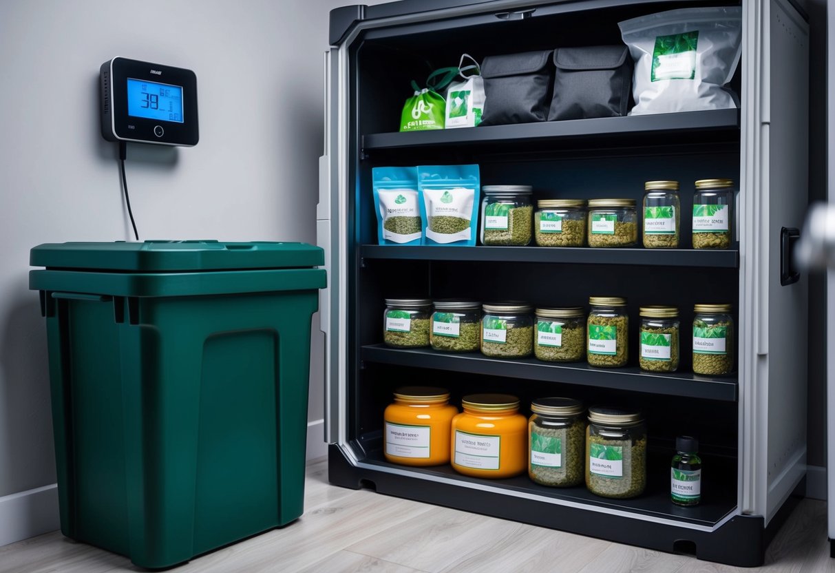 A modern storage container holds various cannabis products, including jars, bags, and accessories, arranged neatly on shelves. A digital thermometer and humidity monitor are visible on the wall