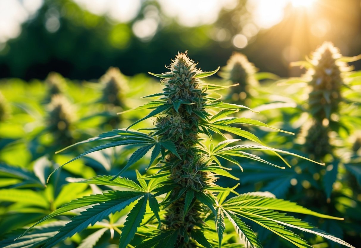 A cannabis plant growing in a well-tended garden, with healthy green leaves and budding flowers under the warm sun