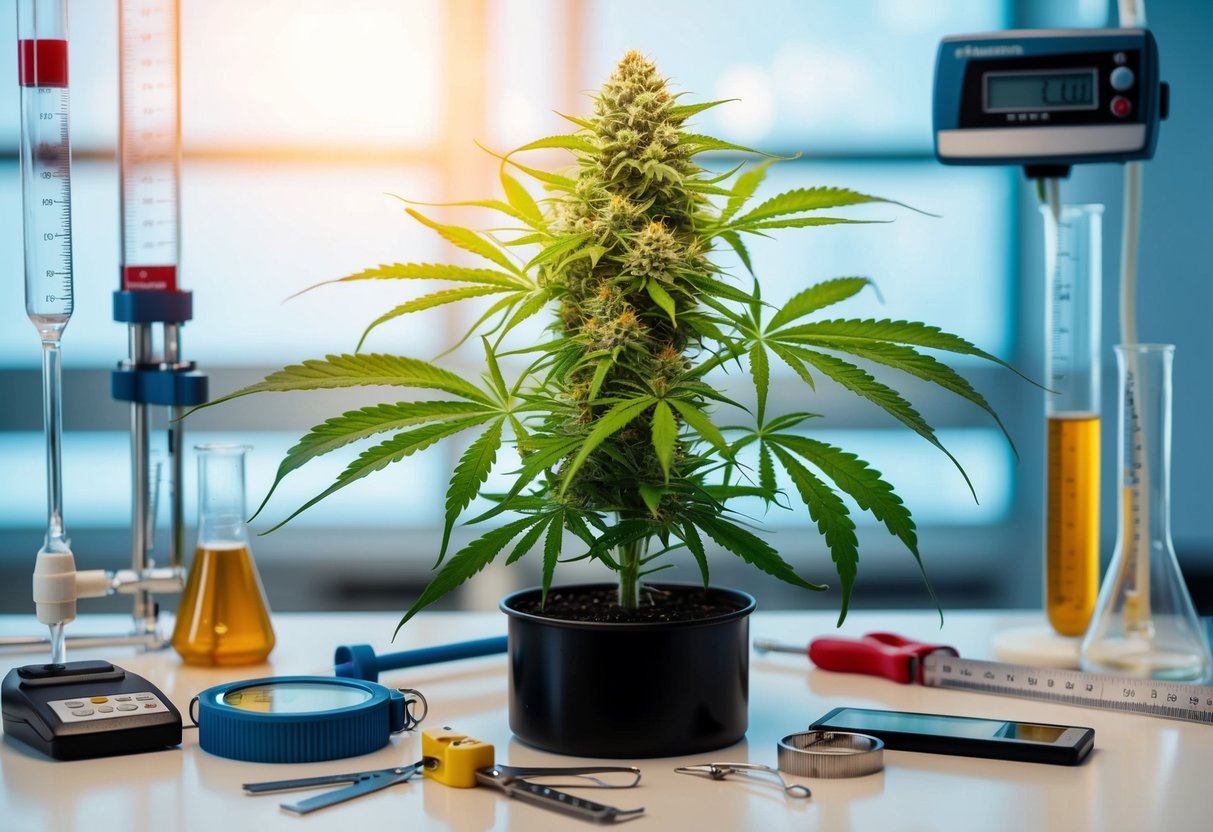 A cannabis plant surrounded by measuring tools and quality control equipment in a laboratory setting
