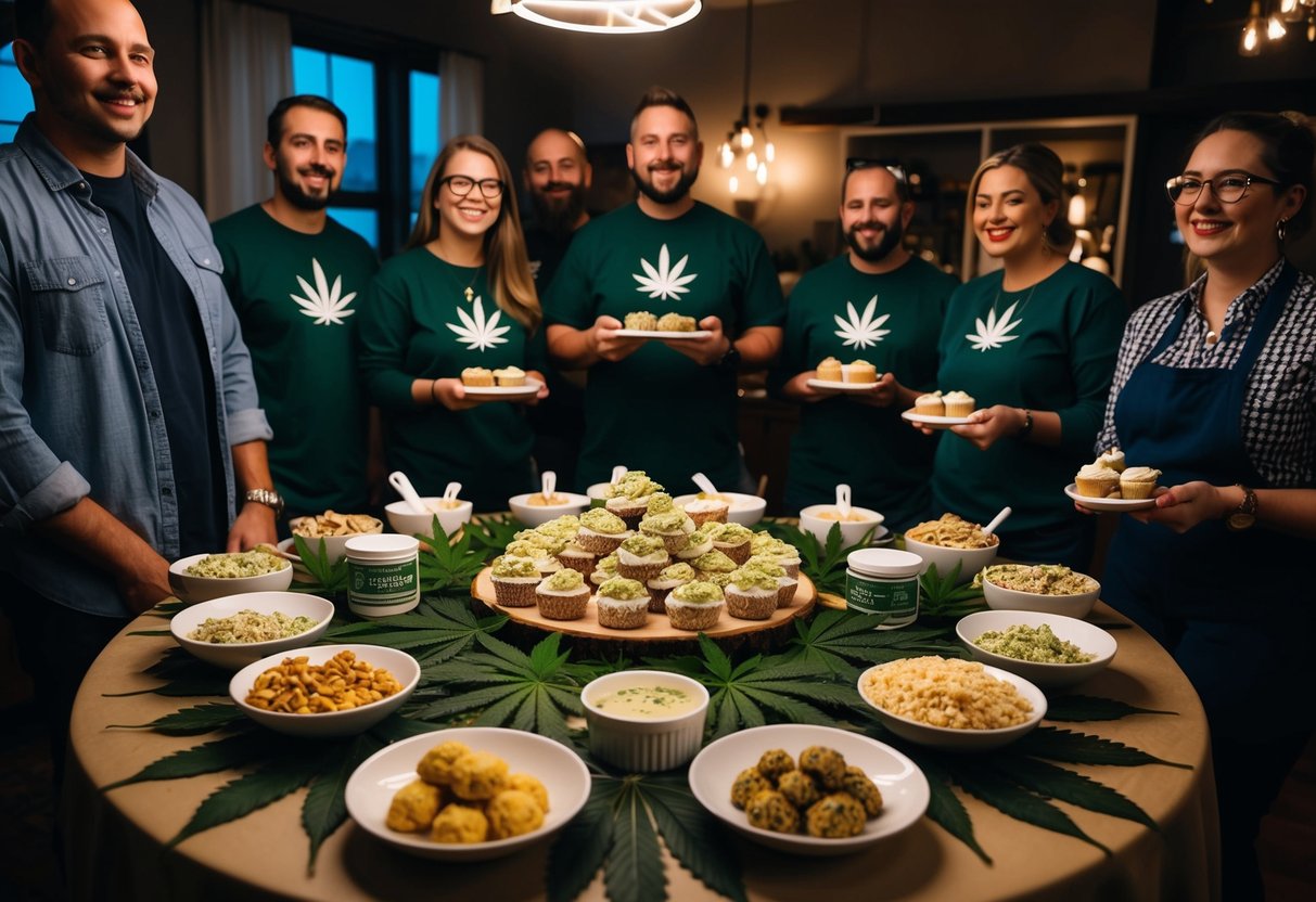 A table laden with cannabis-infused treats, surrounded by members of the Cannabis Edibles Guild in a cozy, dimly lit room