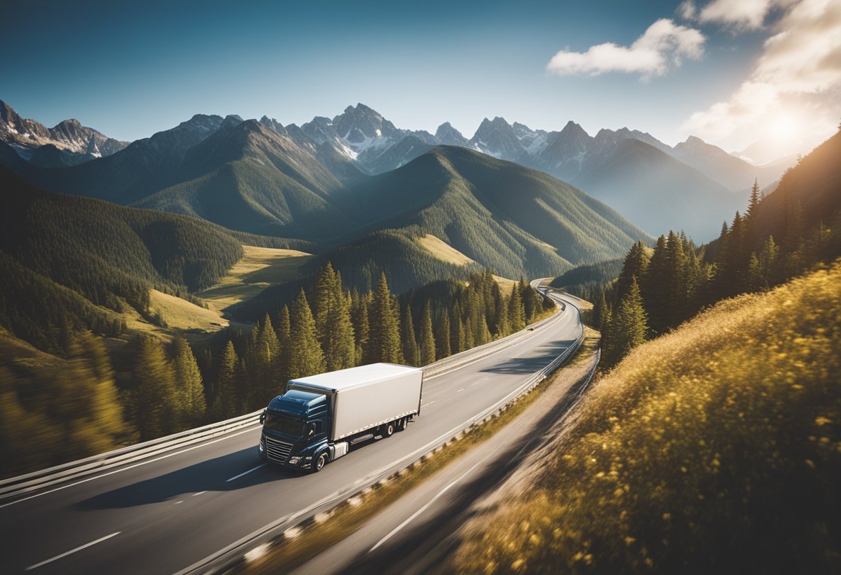 A moving truck driving through a scenic mountain landscape