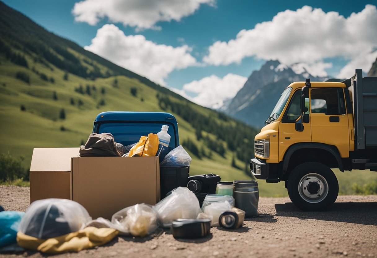 A family's belongings packed neatly into a moving truck, driving across a scenic landscape with mountains in the distance