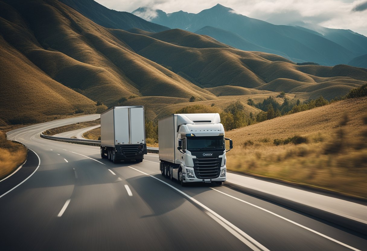 A moving truck driving down a long highway with mountains in the distance