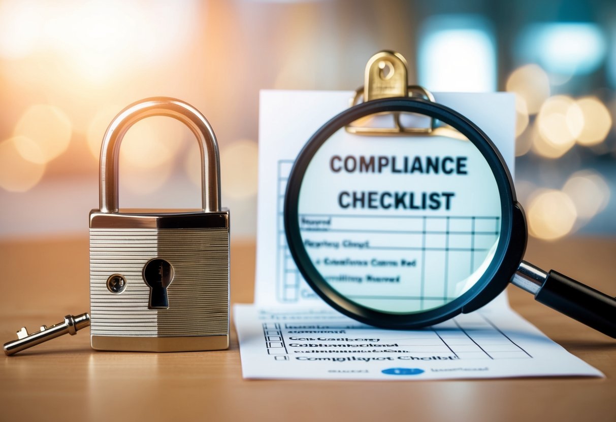 A secure lock and key next to a compliance checklist with a magnifying glass