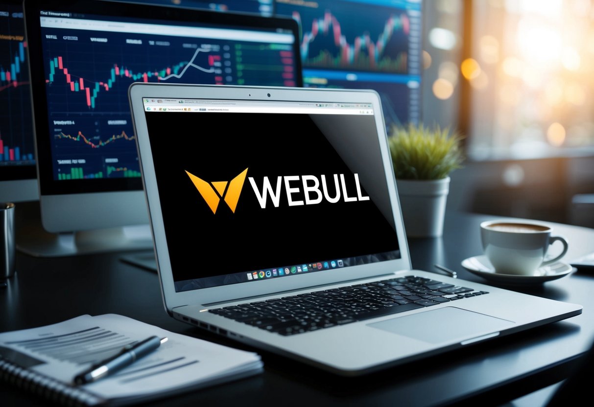 A laptop displaying the Webull platform, surrounded by financial charts, stock graphs, and a cup of coffee on a desk