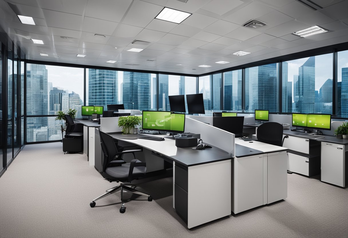 A modern office with a panoramic view, filled with sleek desks, computer monitors, and financial charts on the walls