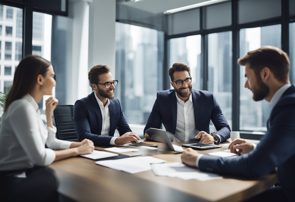 A modern office setting with a team of professionals collaborating around a table, analyzing financial data and discussing investment strategies