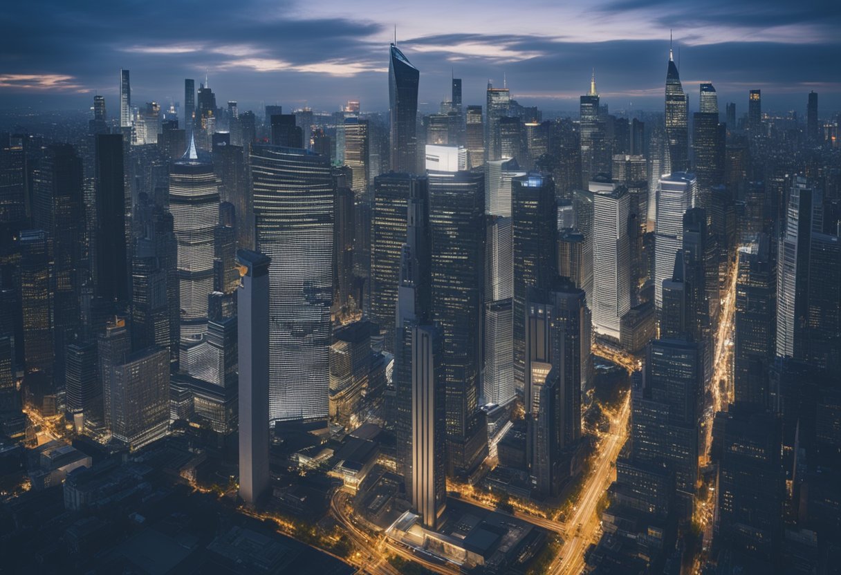 A bustling city skyline with various financial buildings and symbols of investment, surrounded by a diverse array of global landmarks and natural landscapes