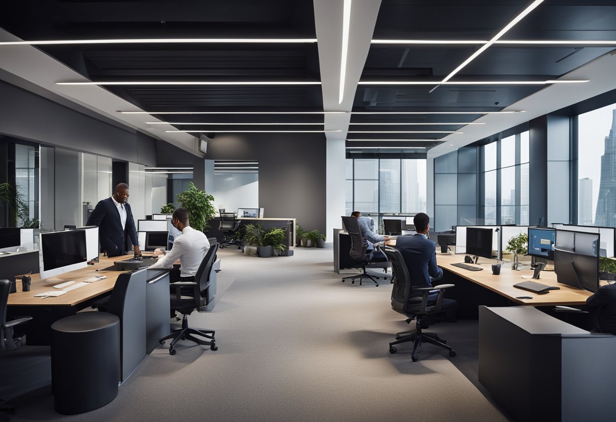 A modern office space with a sleek, professional atmosphere. A team of financial experts are seen working diligently at their desks, analyzing data and discussing investment strategies with clients
