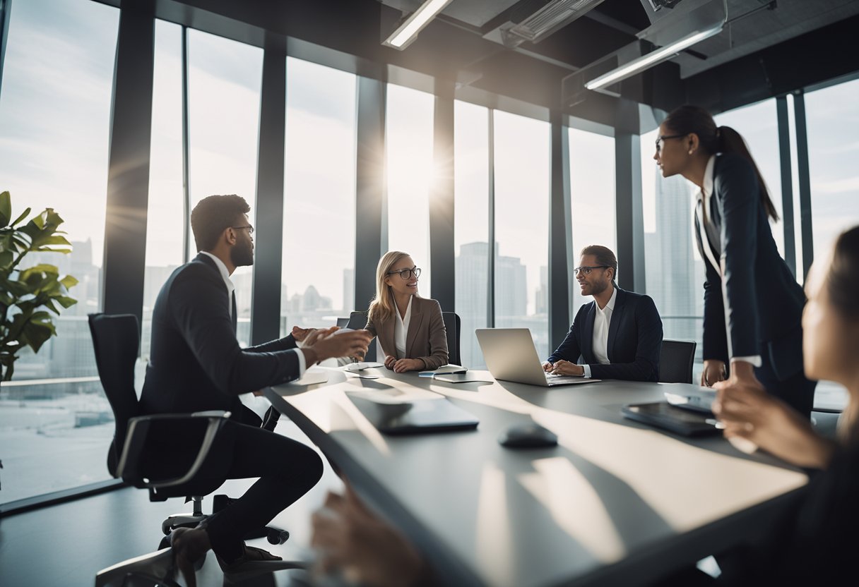 A group of investment professionals brainstorming and collaborating on new product innovations in a modern office setting