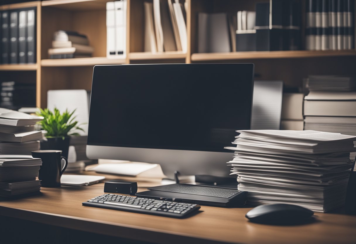 An office desk with a computer, financial charts, and a stack of papers. A bookshelf filled with economic and investment management books in the background