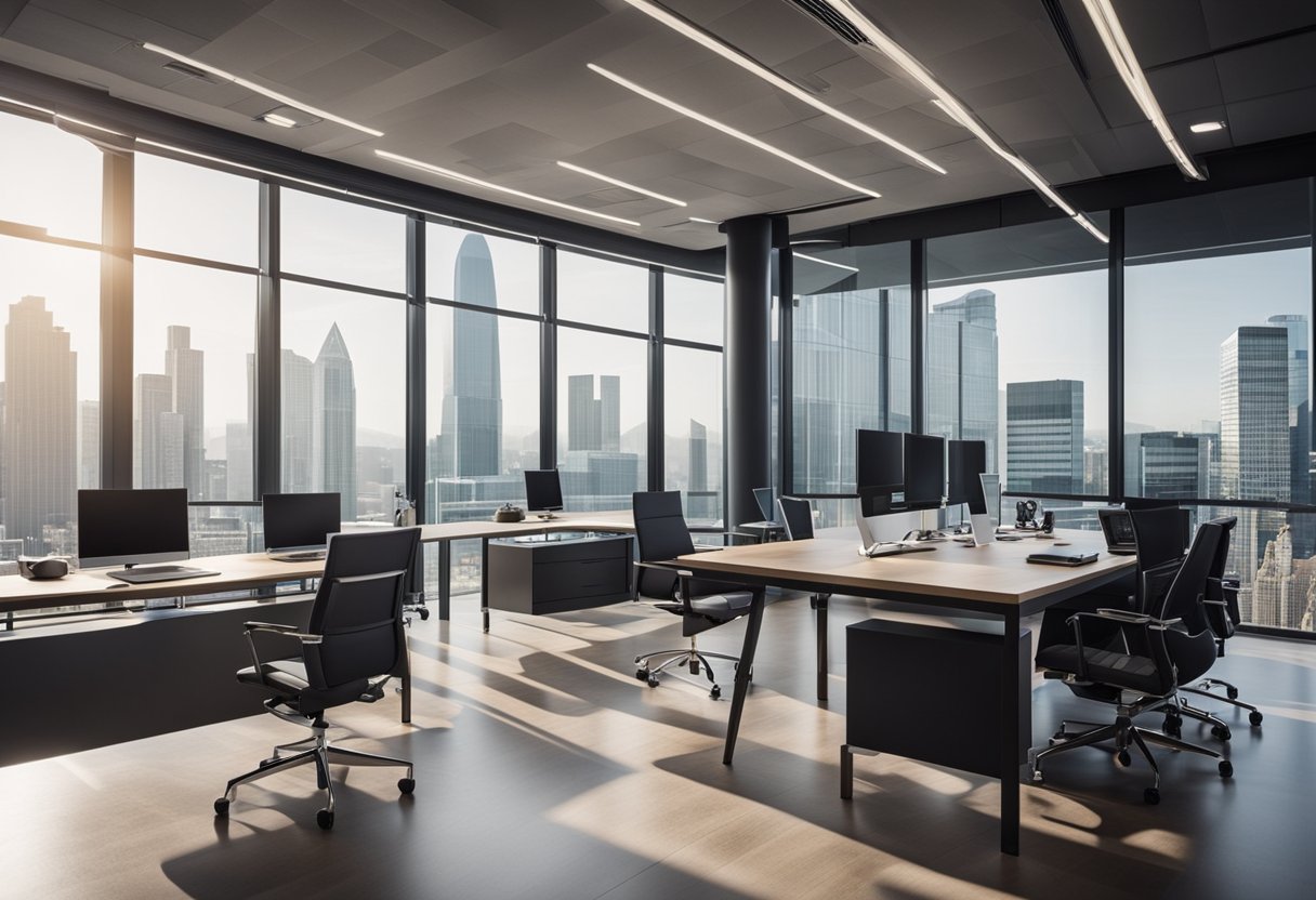 A sleek office with modern furniture and large windows, displaying charts and graphs on the walls, symbolizing wealth management companies