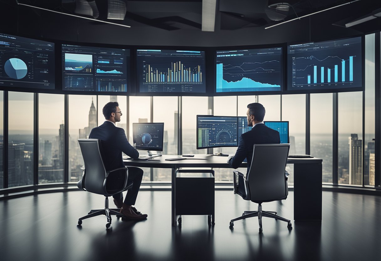 A modern office with sleek furniture and large windows. A financial advisor discussing investment options with a client. Charts and graphs displayed on digital screens