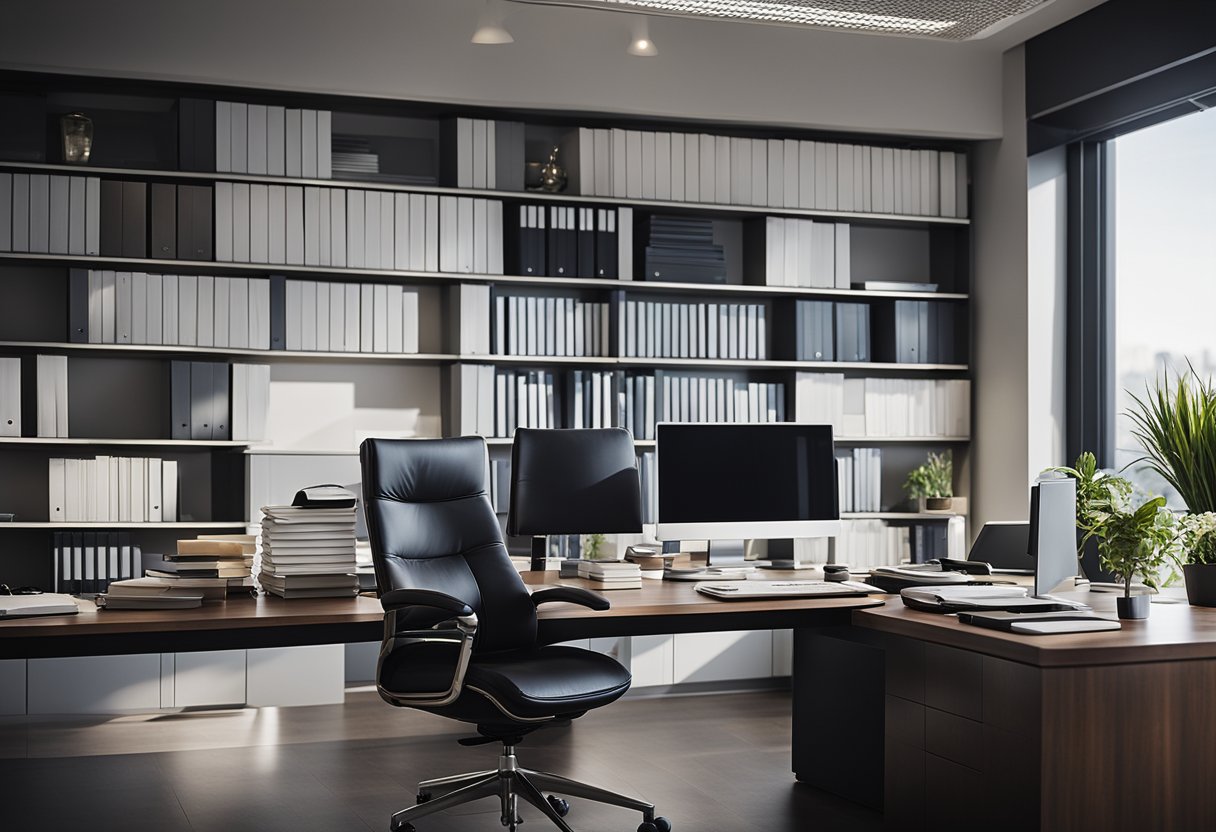 A modern office setting with a sleek desk, computer, and shelves of financial reports and investment books. A professional atmosphere with a focus on wealth management services