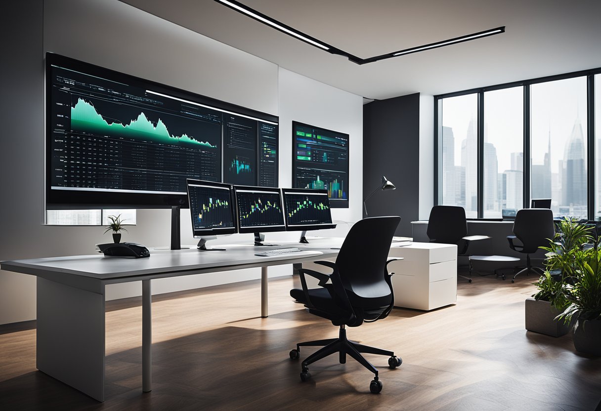 A modern office setting with a sleek desk, computer screens, and financial charts displayed on the wall. A professional atmosphere with a focus on technology and data analysis