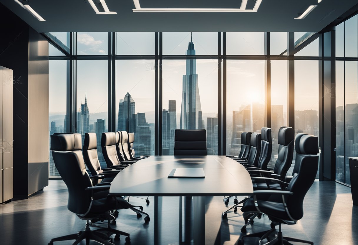 A sleek, modern office with a panoramic view of the city skyline. A team of professionals discussing investment strategies around a conference table