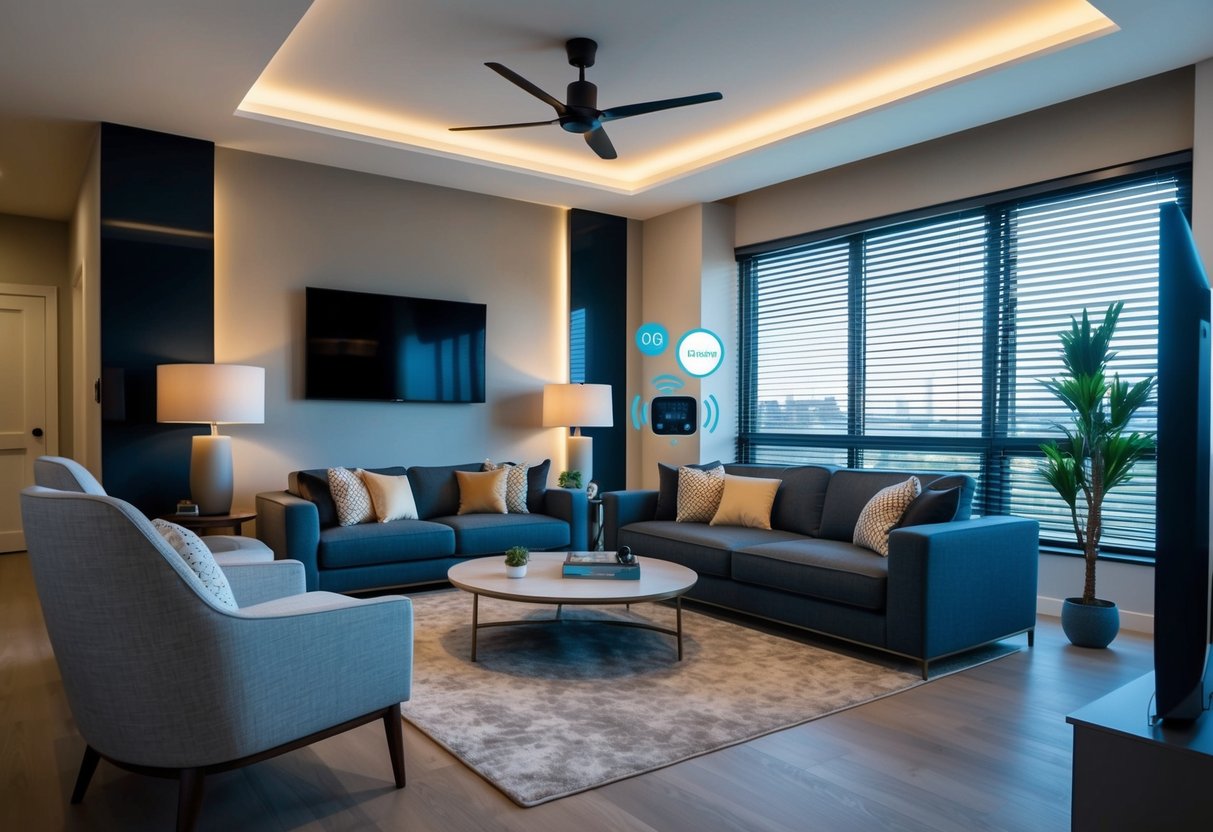 A modern living room with voice-controlled lights, automated blinds, and a central smart hub controlling temperature and entertainment systems