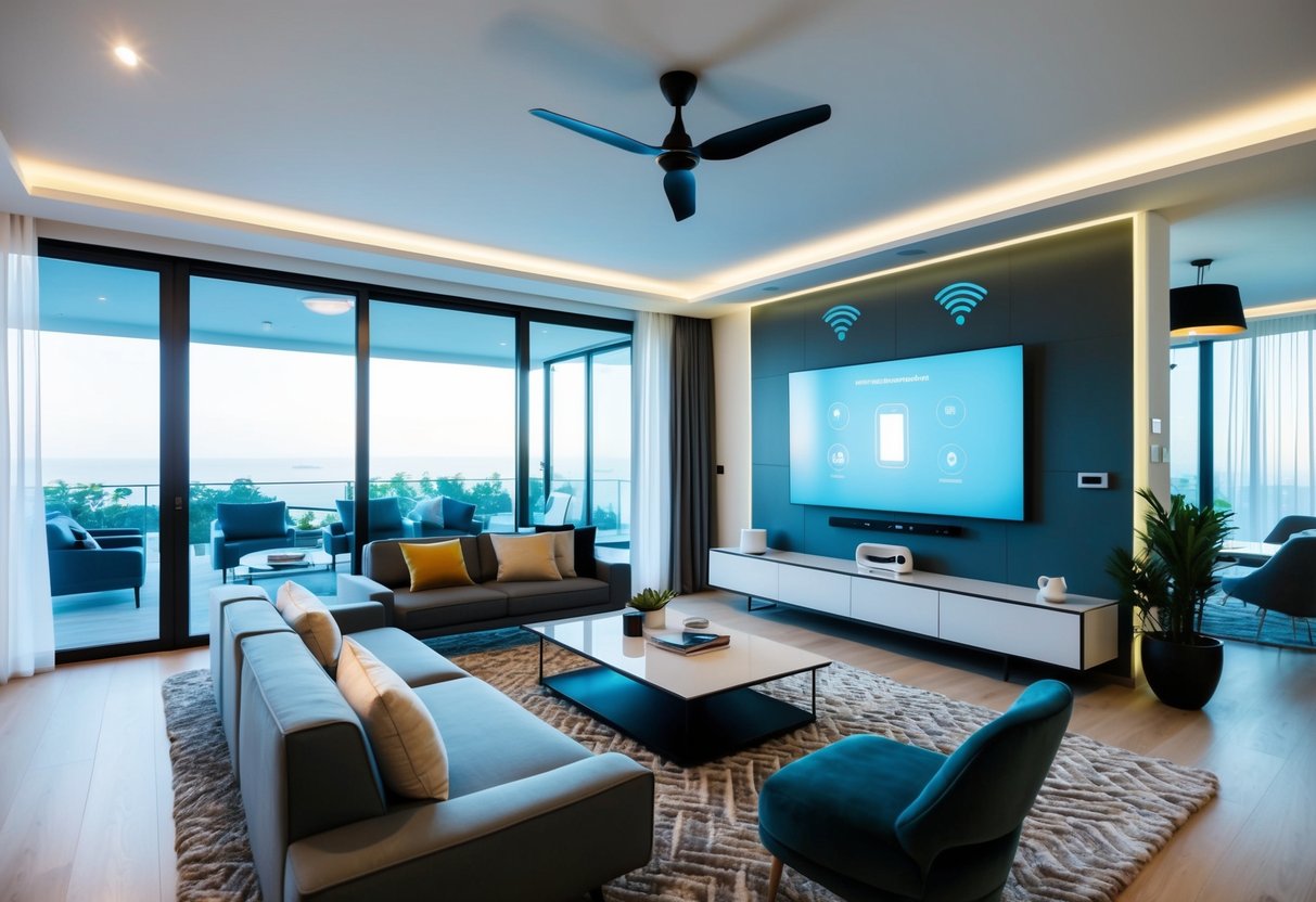 A modern living room with integrated smart home technology, including voice-activated devices, automated lighting, and climate control