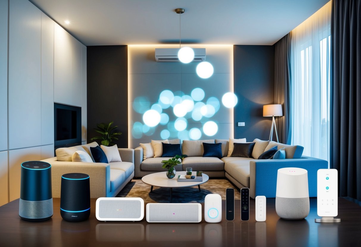 A modern living room with various smart devices seamlessly integrated into the design, including smart speakers, thermostats, and lighting controlled by a central ecosystem