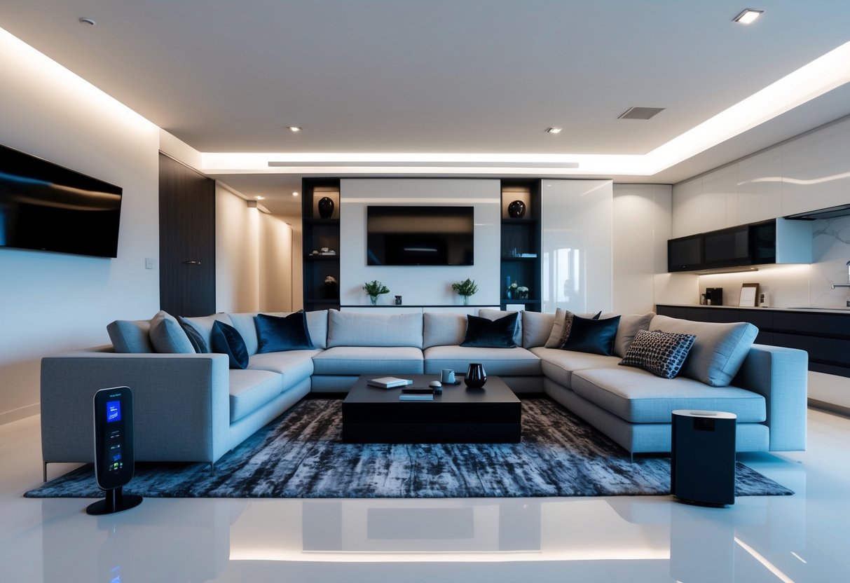 A modern living room with sleek furniture, integrated technology, and minimalist decor. Smart devices are seamlessly incorporated into the design for a seamless user experience