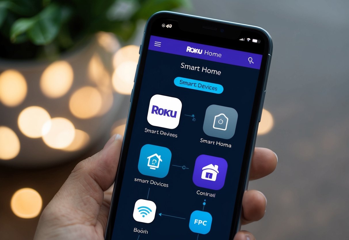 A smartphone displaying the Roku Smart Home app with various smart devices connected and controlled through the interface