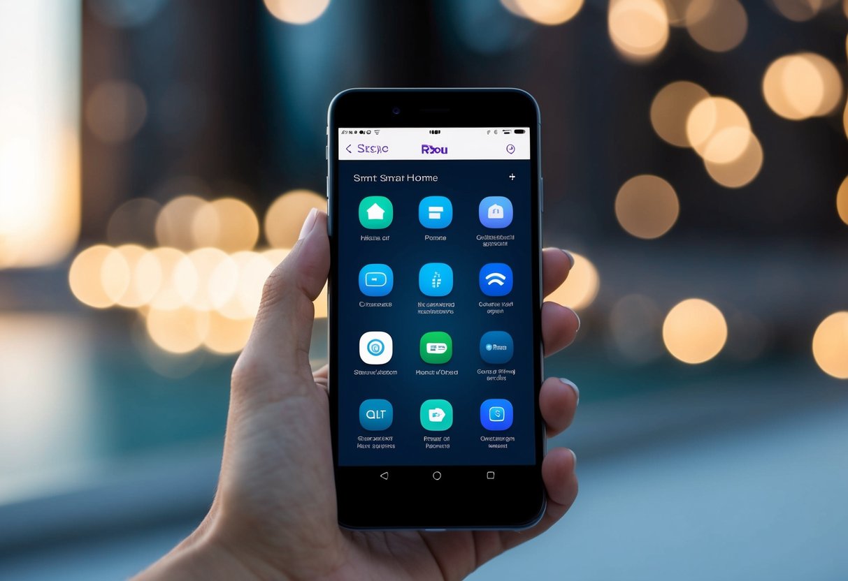 A smartphone displaying the Roku Smart Home app interface with various smart home control options and settings