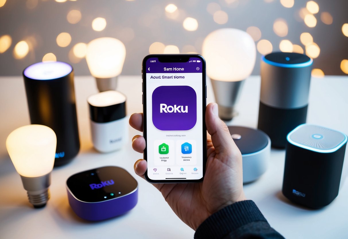 A hand holding a smartphone with the Roku Smart Home app open, surrounded by various smart home devices such as lights, speakers, and a thermostat