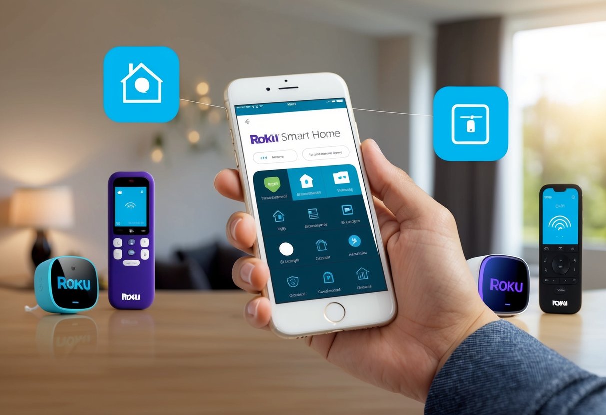 A hand holding a smartphone with the Roku Smart Home app open, while other smart devices in the room respond to the app's commands