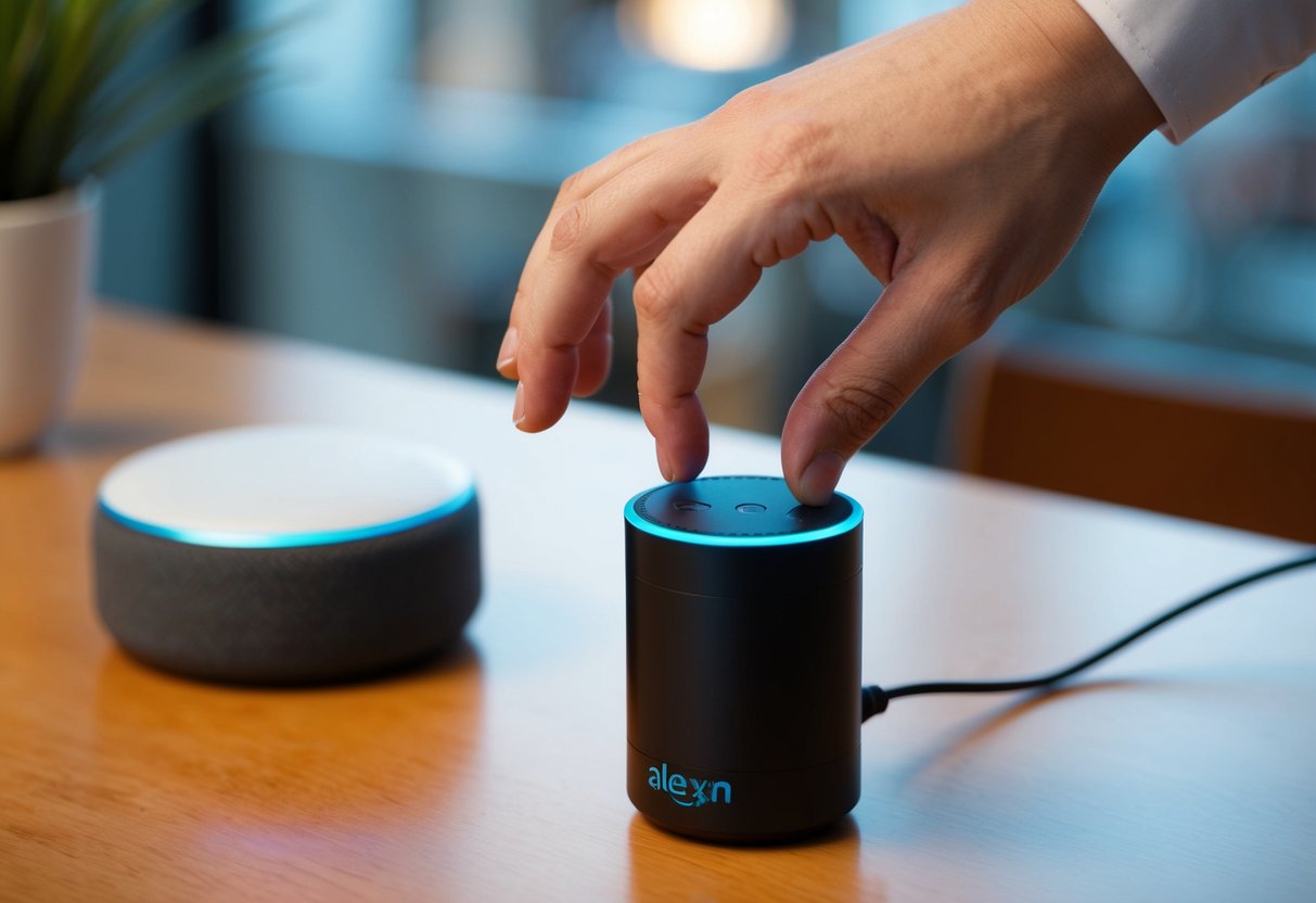 A hand reaching out to press the reset button on an Alexa device
