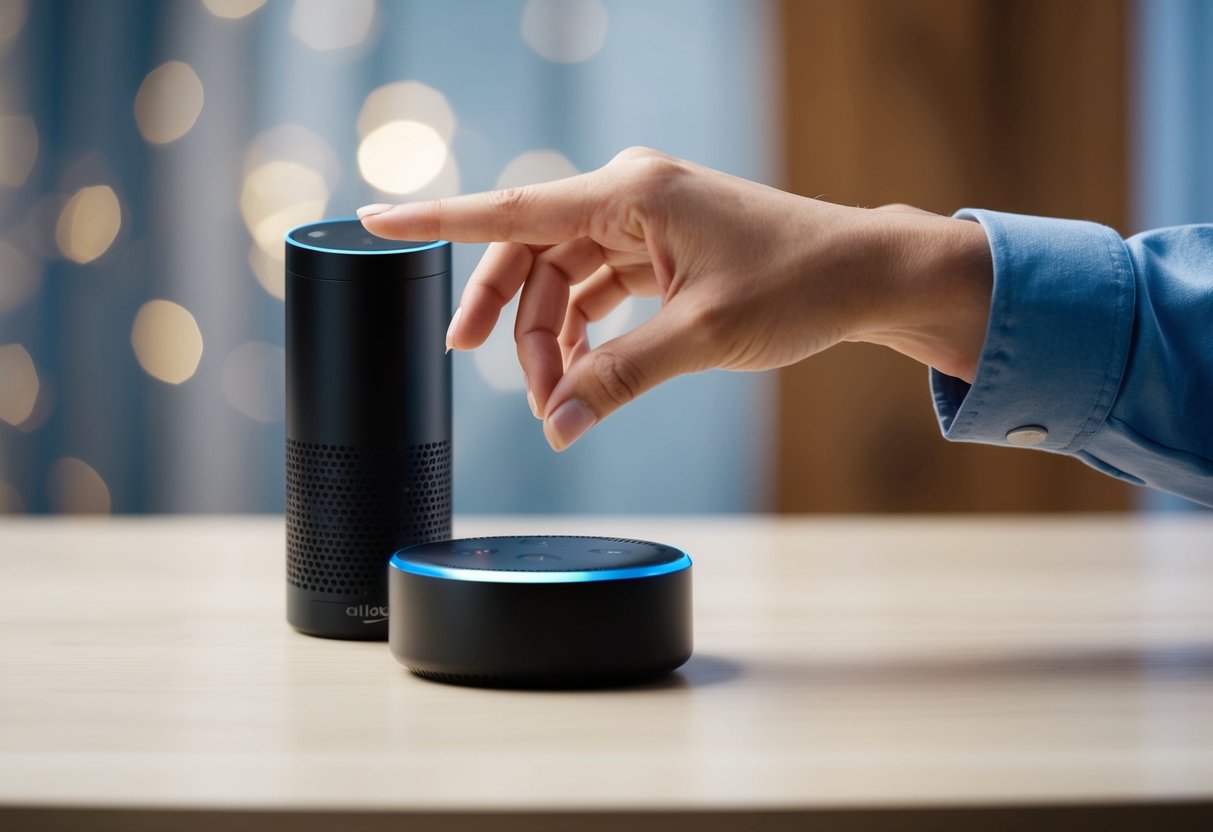 A hand reaching towards an Alexa device, with the other hand hovering over it, ready to press the reset button