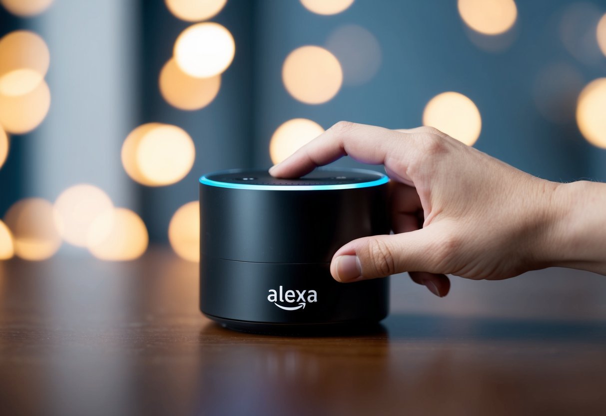 A hand reaching out to press the reset button on an Alexa device