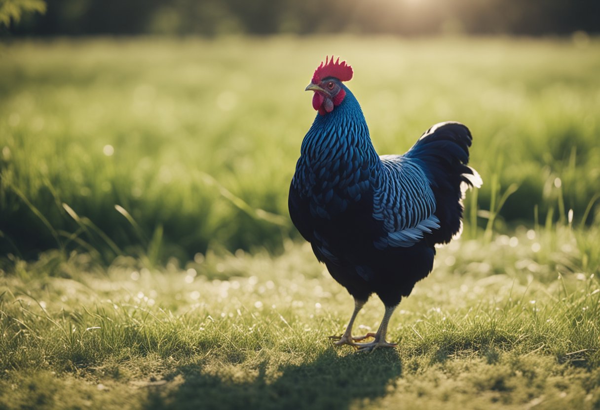 A blue Wyandotte chicken standing in a grassy field, feathers shimmering in the sunlight