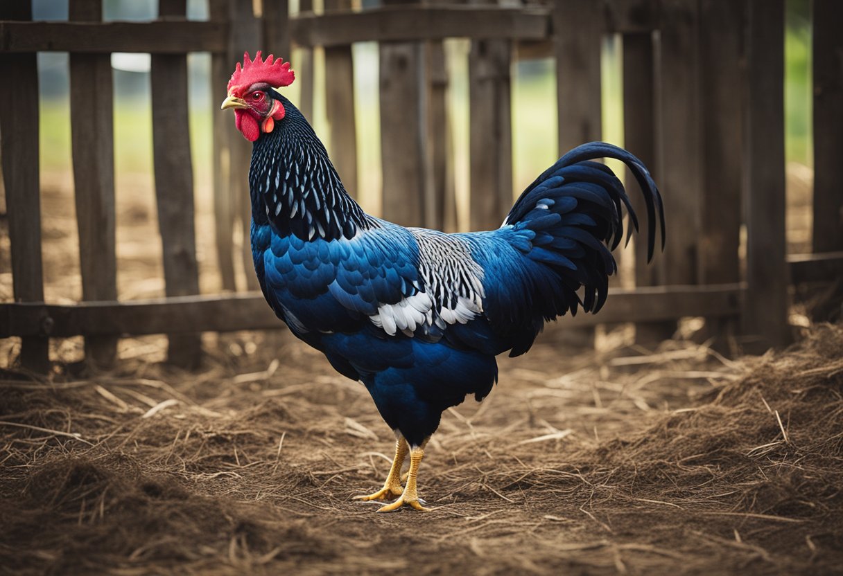 A blue Wyandotte chicken stands proudly in a rustic barnyard, surrounded by other heritage breed chickens