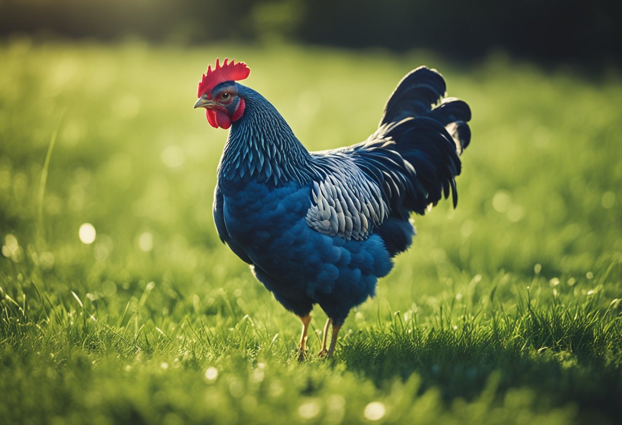 A blue Wyandotte chicken standing proudly in a green grassy field under the bright sun