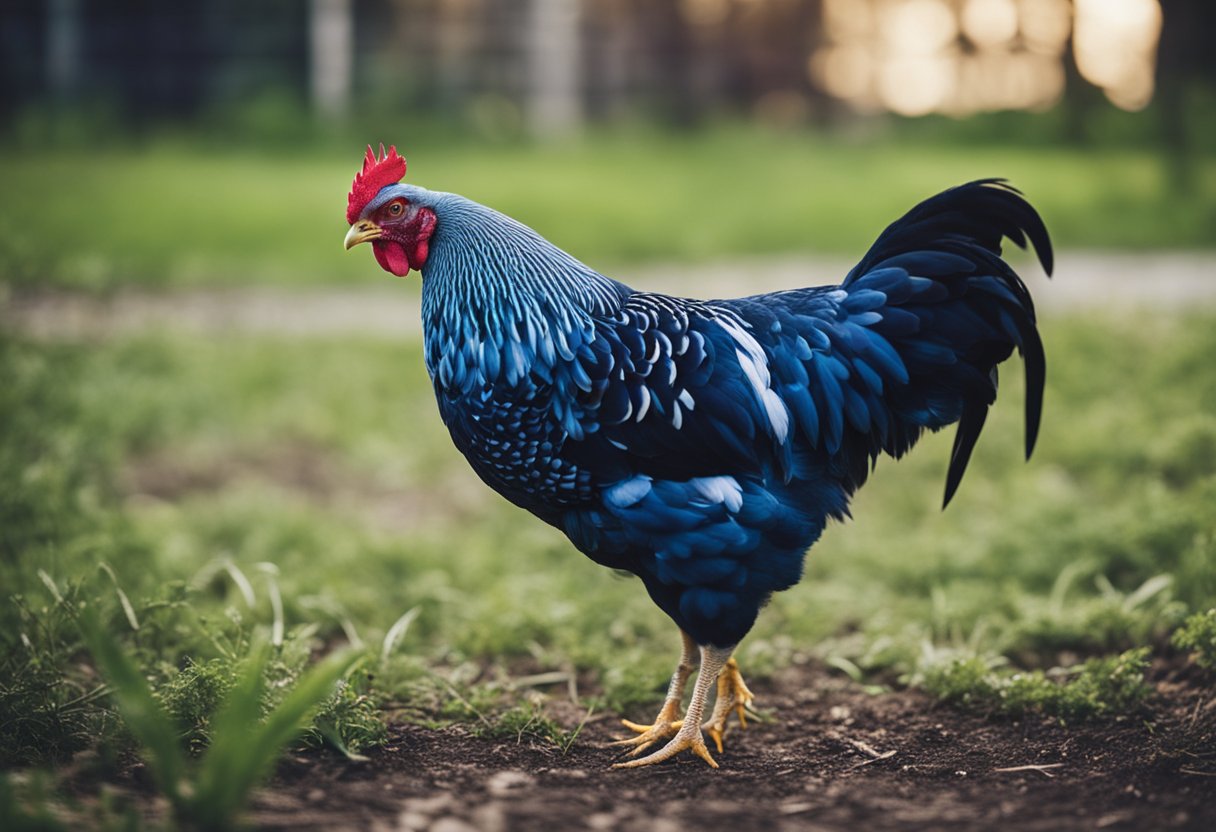 A blue Wyandotte chicken struts confidently in the yard, fluffing its feathers and pecking at the ground