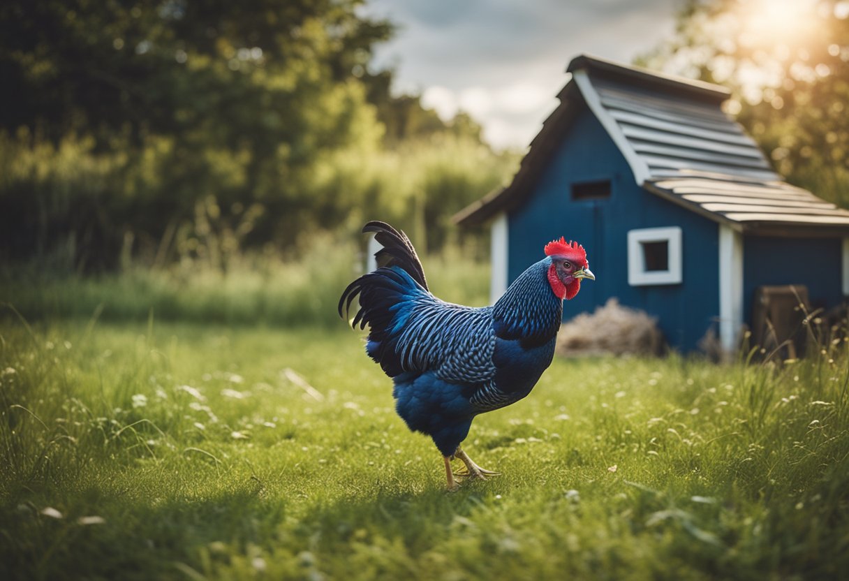 A blue Wyandotte chicken roams in a grassy habitat with a small coop in the background