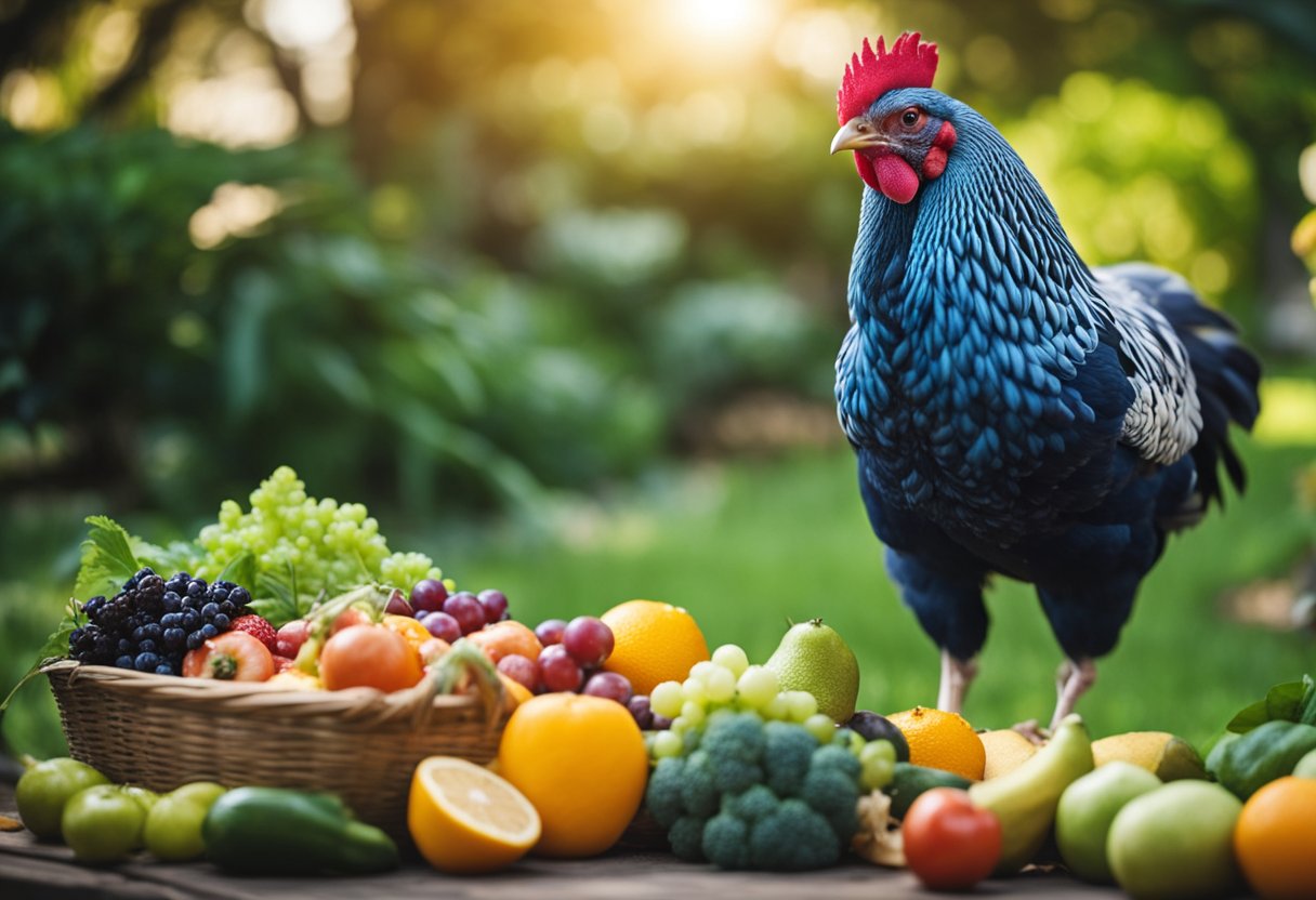 A blue Wyandotte chicken pecking at a variety of healthy foods, including fruits, vegetables, and grains, in a vibrant and lush garden setting