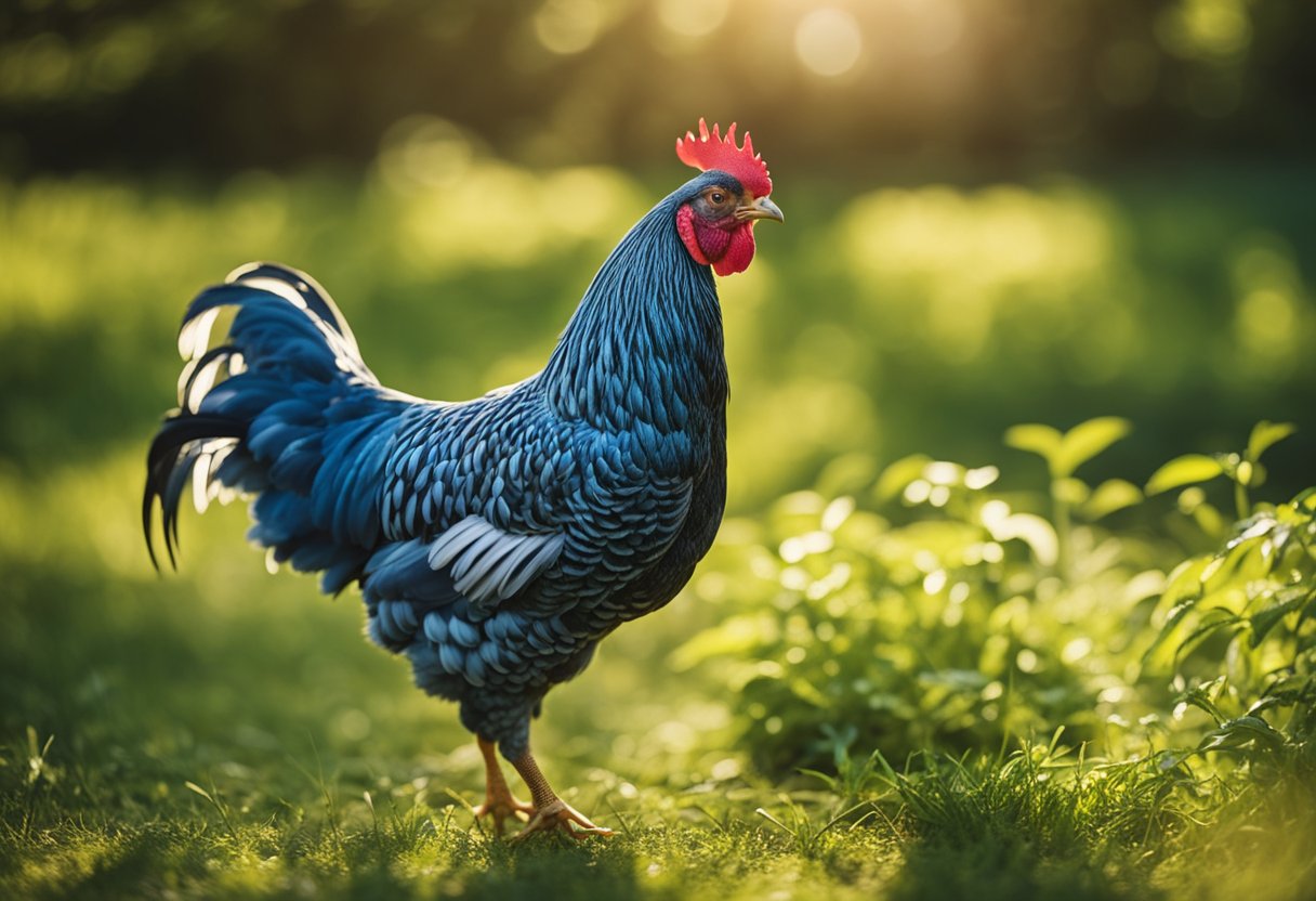 A blue Wyandotte chicken roams freely in a peaceful, natural setting, surrounded by lush greenery and basking in the warm sunlight