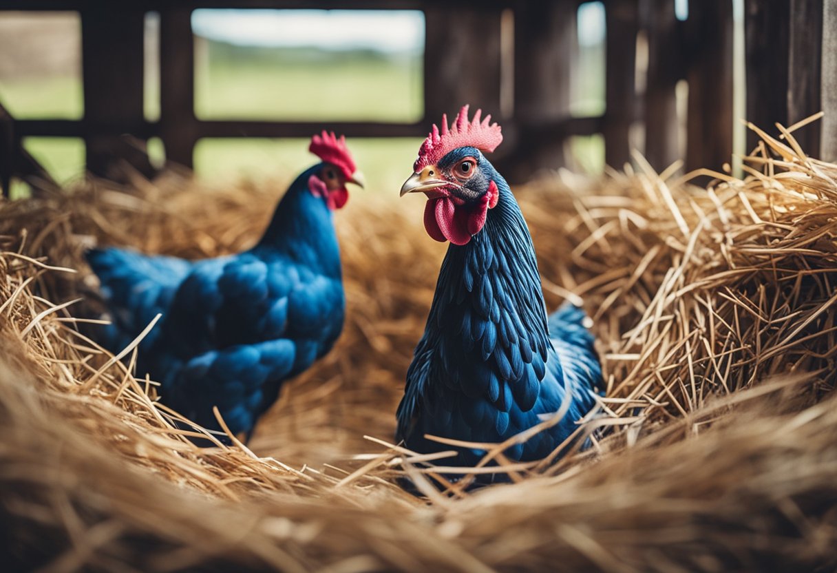 A blue Wyandotte chicken nesting in a cozy straw-filled coop, surrounded by a clutch of eggs