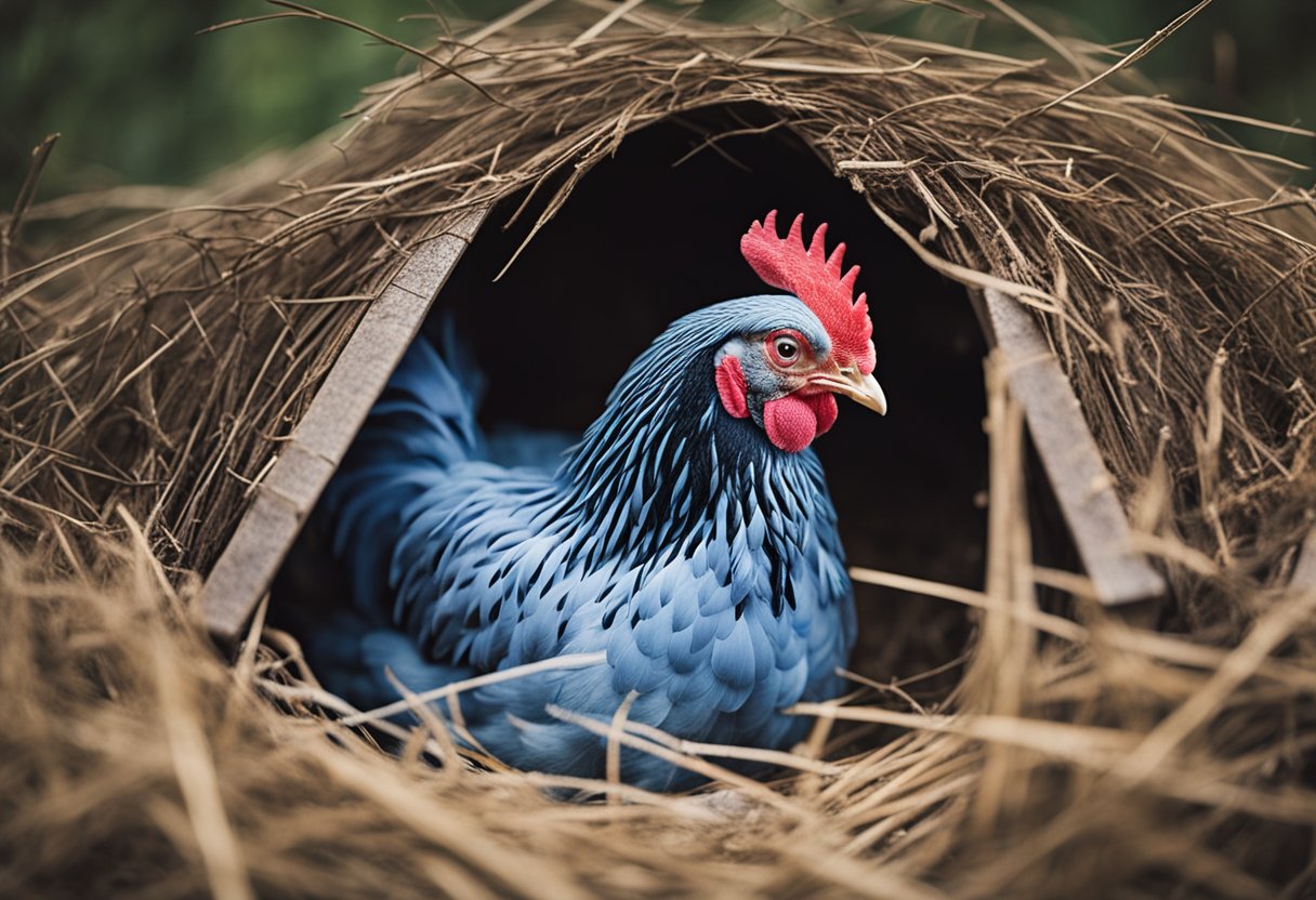 A blue Wyandotte chicken lays eggs in a cozy nesting box