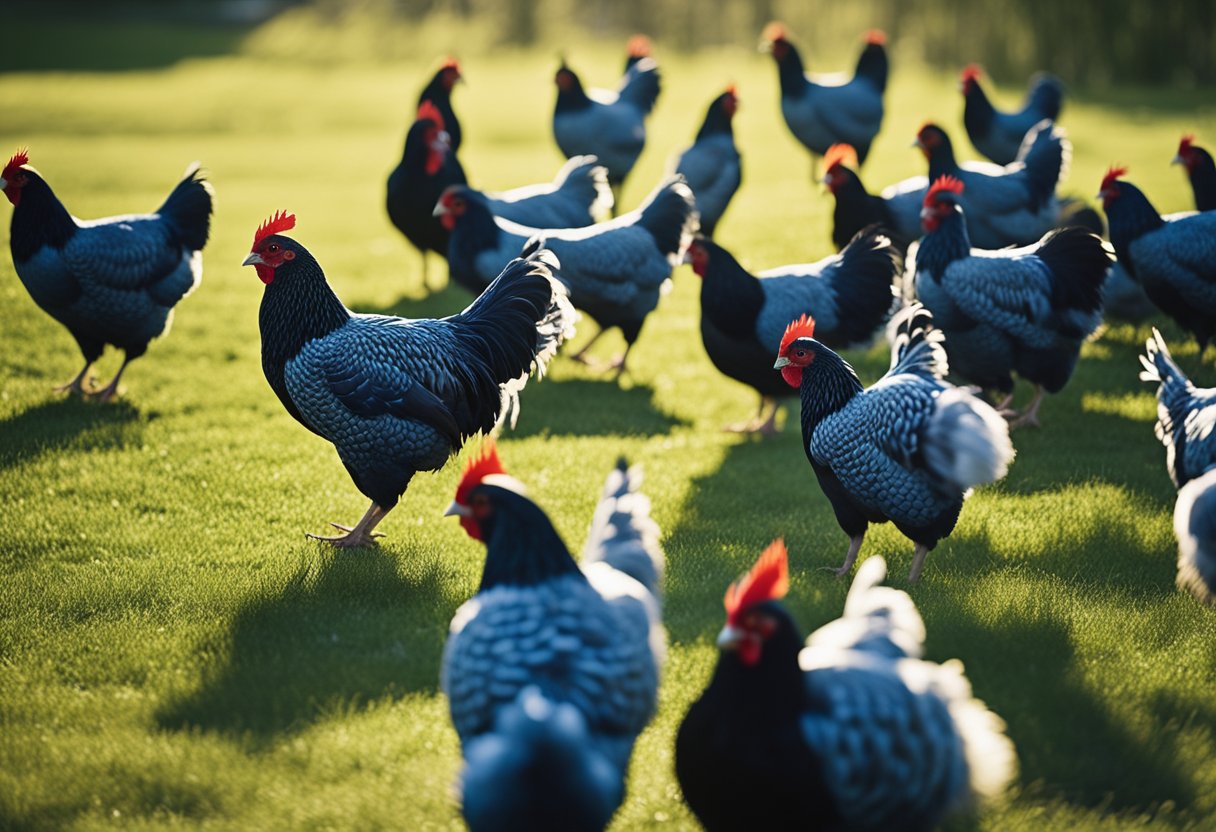 A flock of Blue Wyandotte chickens pecking and scratching in a grassy yard, their distinctive blue feathers shimmering in the sunlight