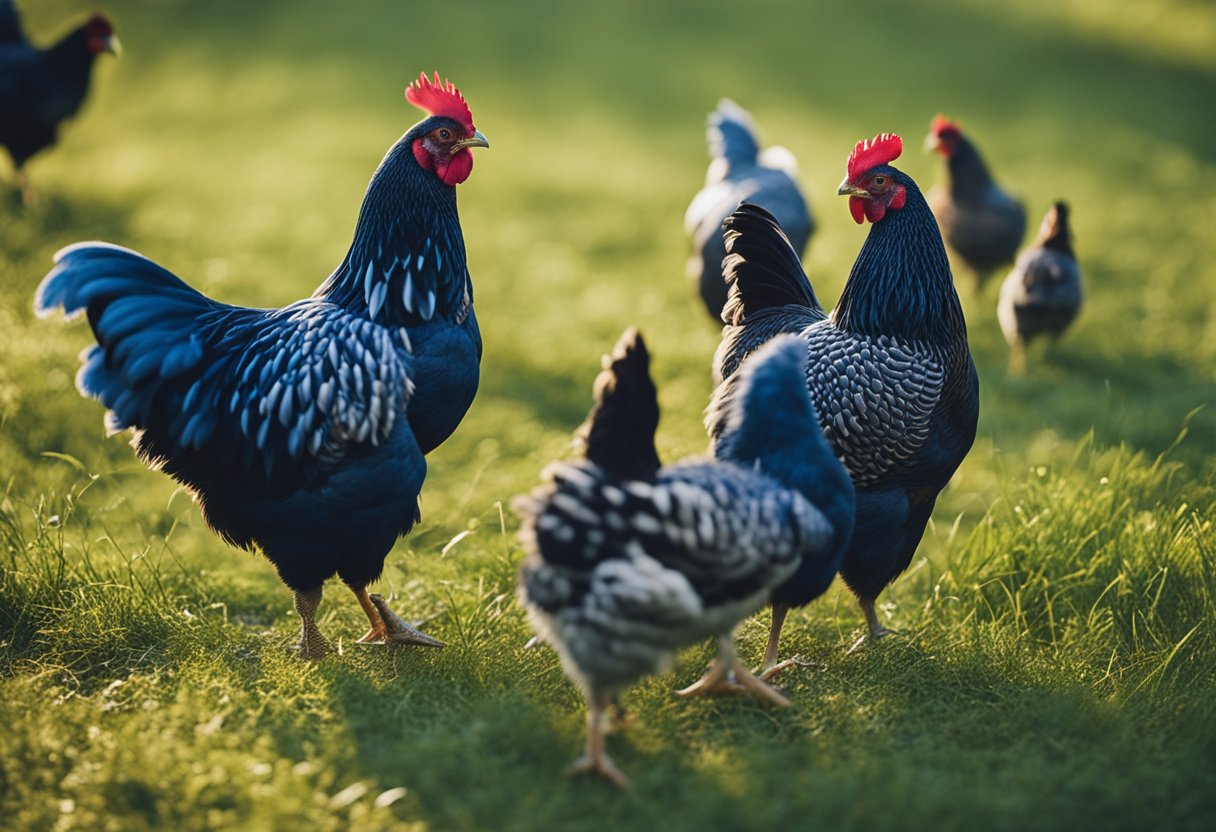 A group of Blue Wyandotte chickens pecking at the ground in a grassy field