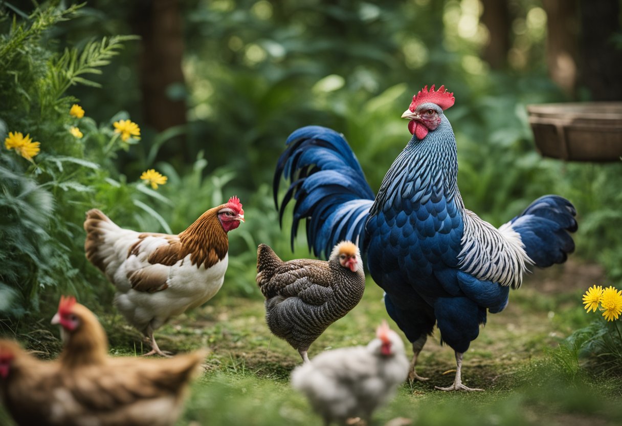 A blue Wyandotte chicken stands in a lush, natural setting, surrounded by other chickens. A sign nearby indicates a conservation and breeding program