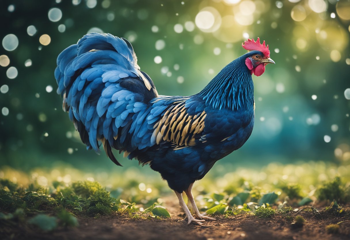 A blue Wyandotte chicken surrounded by question marks