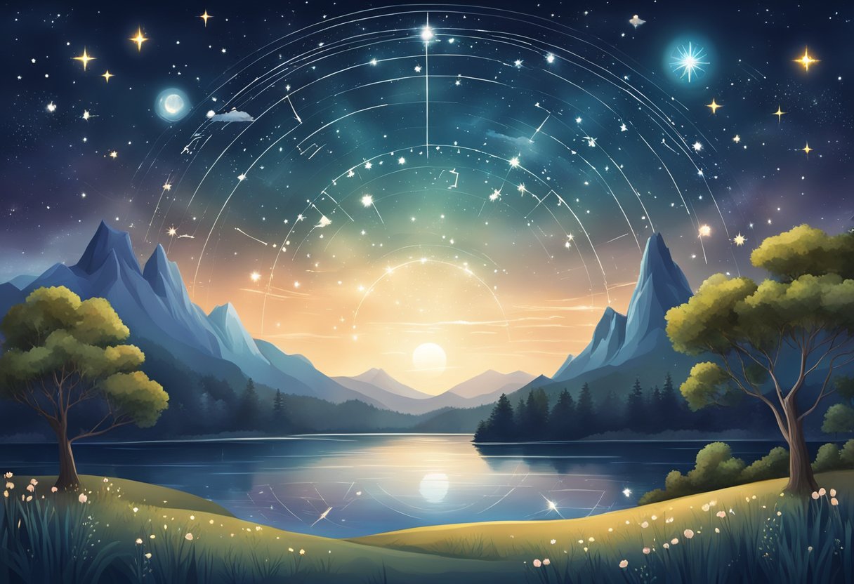 A serene night sky with zodiac constellations shining brightly over a peaceful landscape, surrounded by elements of nature and symbols of holistic wellness