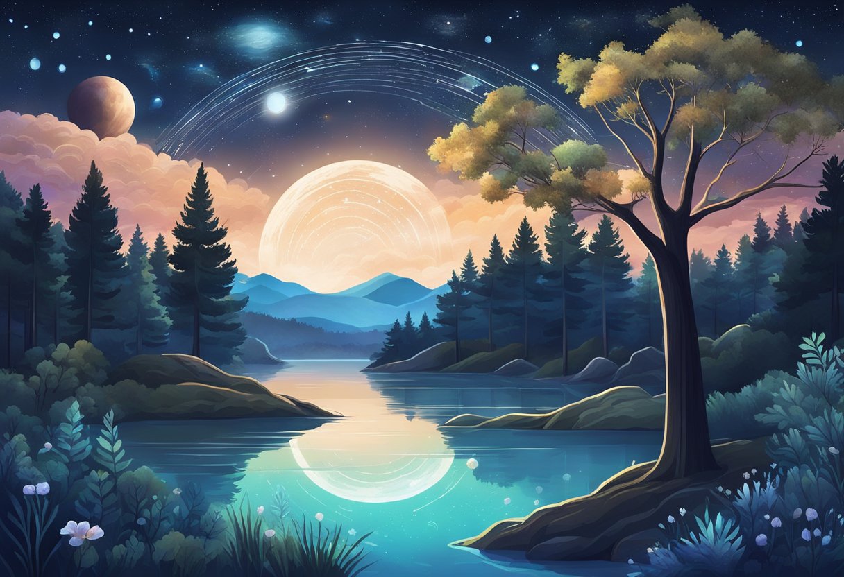 A serene night sky with constellations and planets shining brightly, surrounded by elements of nature such as trees and water, evoking a sense of cosmic connection and tranquility