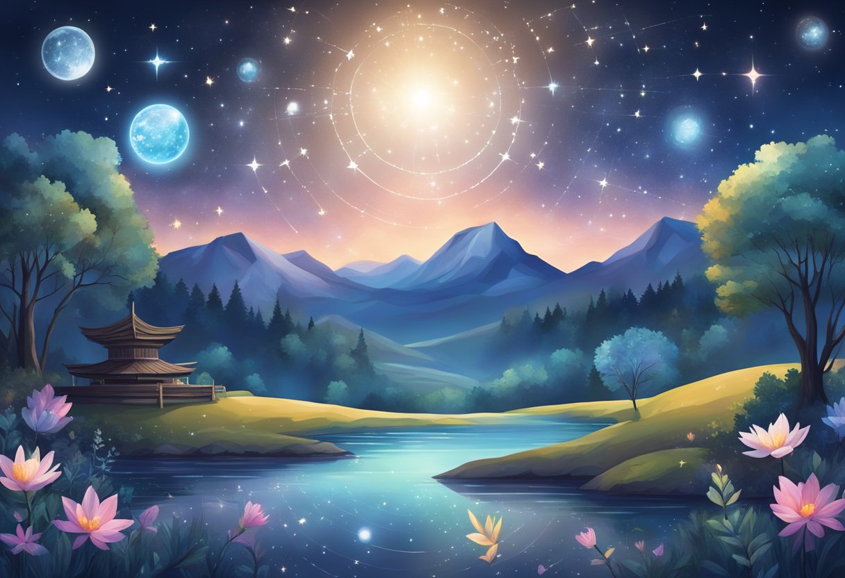 A serene night sky with zodiac constellations shining brightly over a peaceful landscape, surrounded by elements of nature and symbols of holistic wellness