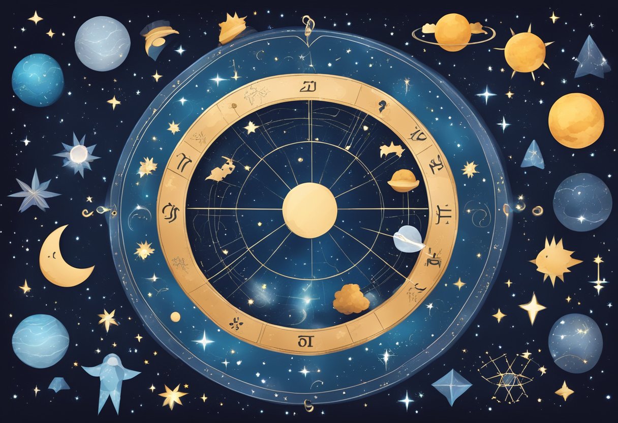 A night sky with zodiac constellations, surrounded by symbols of health and wellness, with a serene and peaceful atmosphere