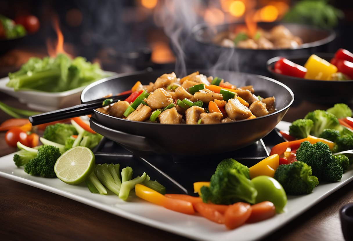 A sizzling wok filled with diced chicken, black pepper sauce, and colorful vegetables, emitting a mouthwatering aroma